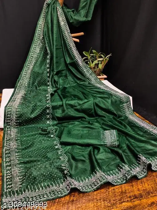Chiffon Embellished Saree For Women, Green