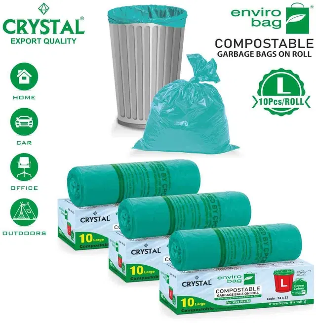 Crystal 10 Pcs Garbage Bags Rolls, Green, 45 L, Set of 3