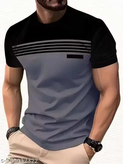 Round Neck Solid T-shirts for Men (Grey & Black, M)