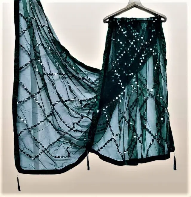 Net Self-Design Dupatta for Women (Green, 2.2 m)