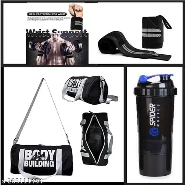 Combo of Gym Bag with Shaker Bottle, 500 ml, Wrist Support Bands, Multicolor, Set of 3