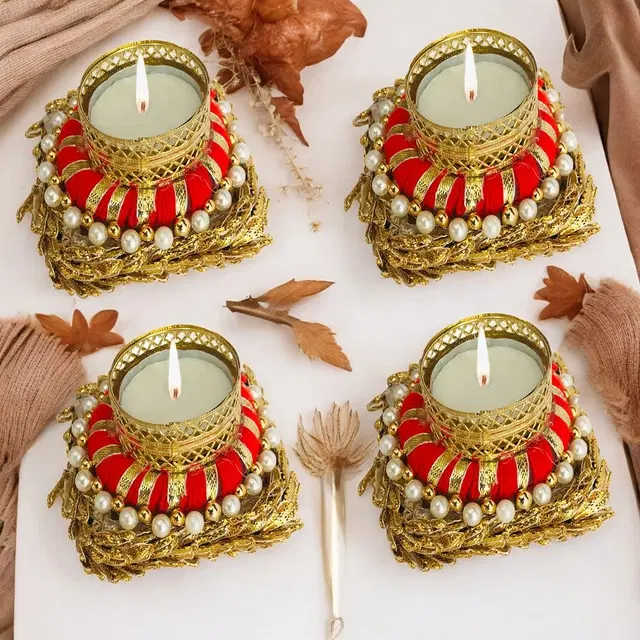 Metal Designer Tealight Candle Holder, Red, 9.5x9.5x4 cm, Pack of 4