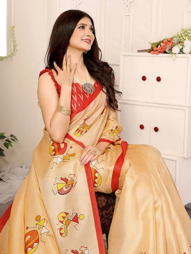 Assam Art Silk Saree for Women (Gold, Free Size)