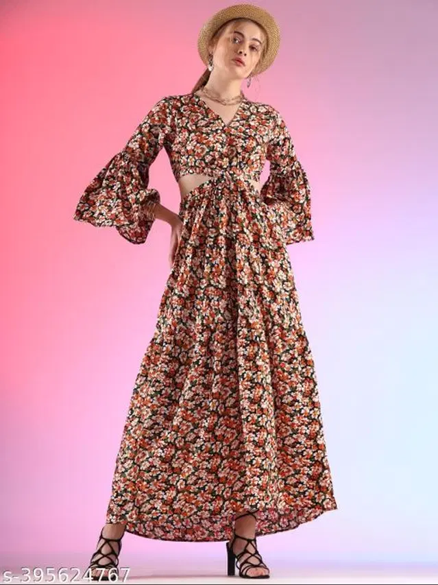 Georgette Printed Gown for Women (Orange & Brown, XS)