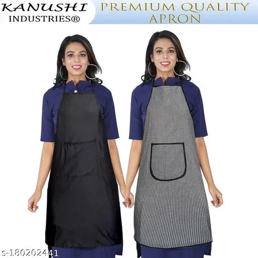 KANUSHI Industries Apron For Kitchen Waterproof With Front Pocket- Set of 2 (Black)(APRN-1-PLAIN-BLACK+1-SCL-BLACK)