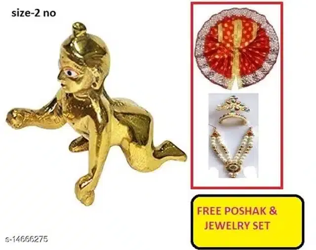 Metal Laddu Gopal Ji Idol with Free Poshak & Jewellery Set, Multicolor, Set of 1