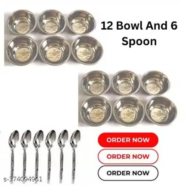 Stainless Steel 12 Pcs Bowls with 6 Pcs Spoon, Silver, Set of 2