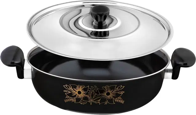 Cast Iron Kadai with Lid, Black & Silver, 28 cm