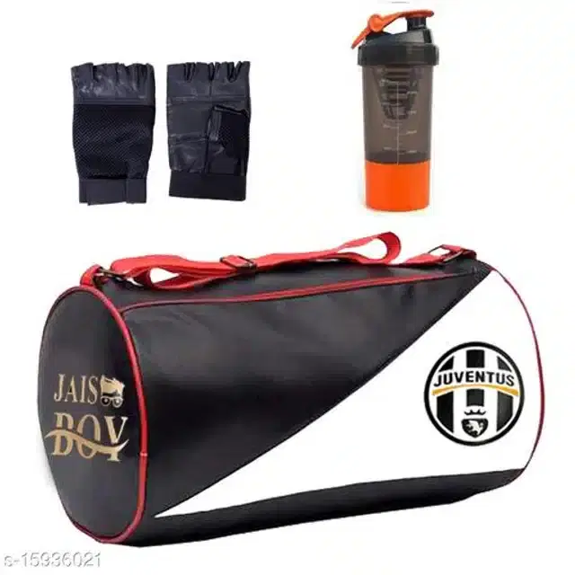 Combo of Gym Bag with Shaker Bottle, 400 ml, Gloves, Multicolor, Set of 3