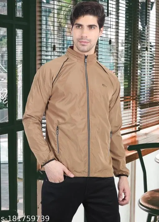 Nylon Full Sleeves Jacket for Men (Tan, L)