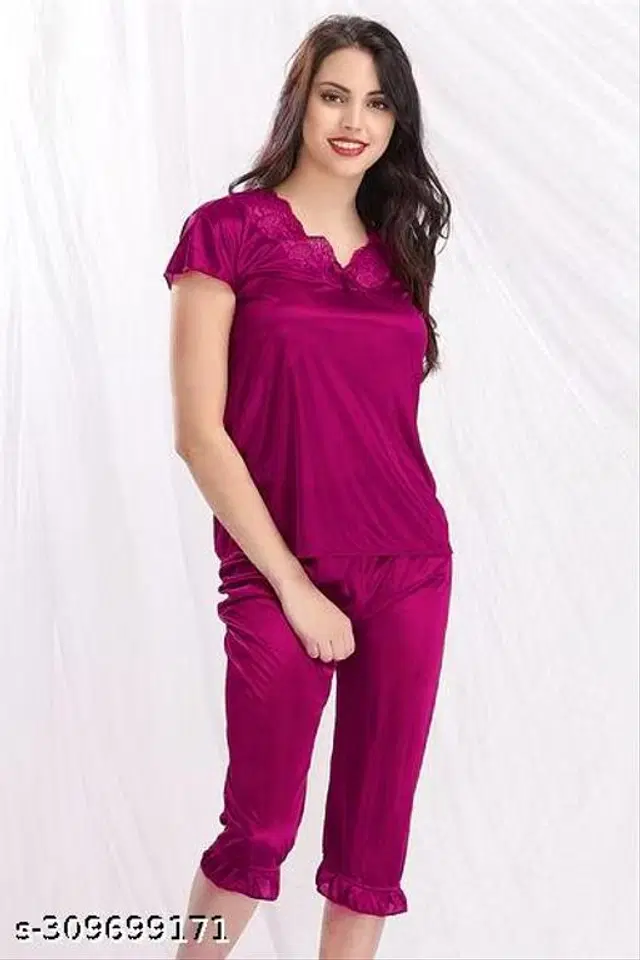 Satin Nightsuit Set for Women (Purple, M)