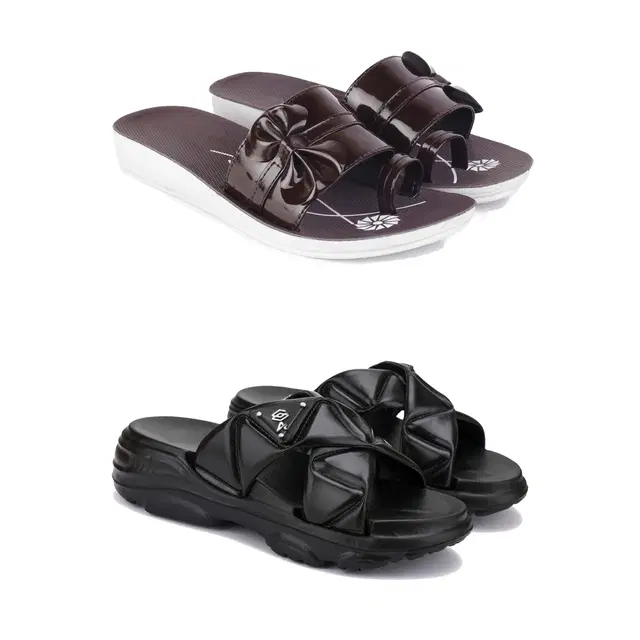 Combo of Sliders & Flats for Women, Set of 2 (Multicolor, 5)