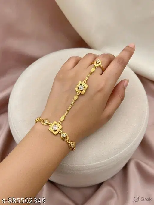Bracelet with Ring for Women (Gold, Free Size)