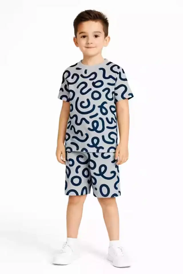 Cotton Geometric Print Clothing Set for Boys, Grey Melange (6-7 Years)