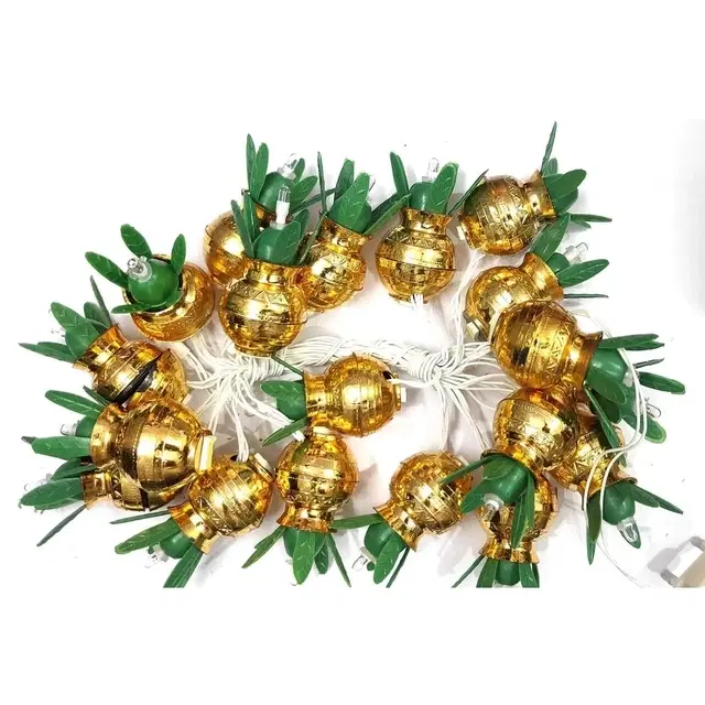 Decorative Golden LED Kalash String Lights with Green Leaves, 18 Pieces, 1 Ladi