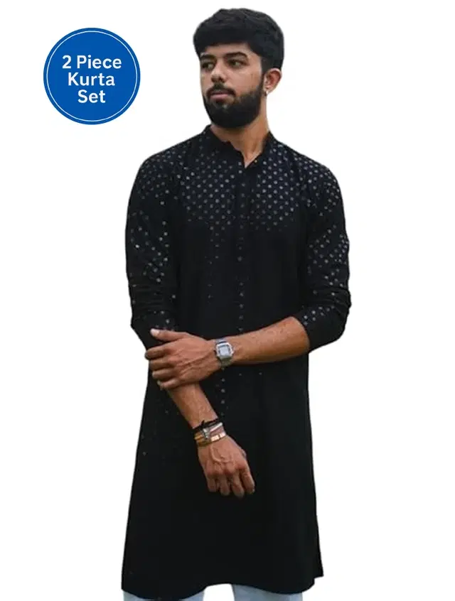 Cotton Blend Shiny Sequin Kurta for Men, Black (XXL)