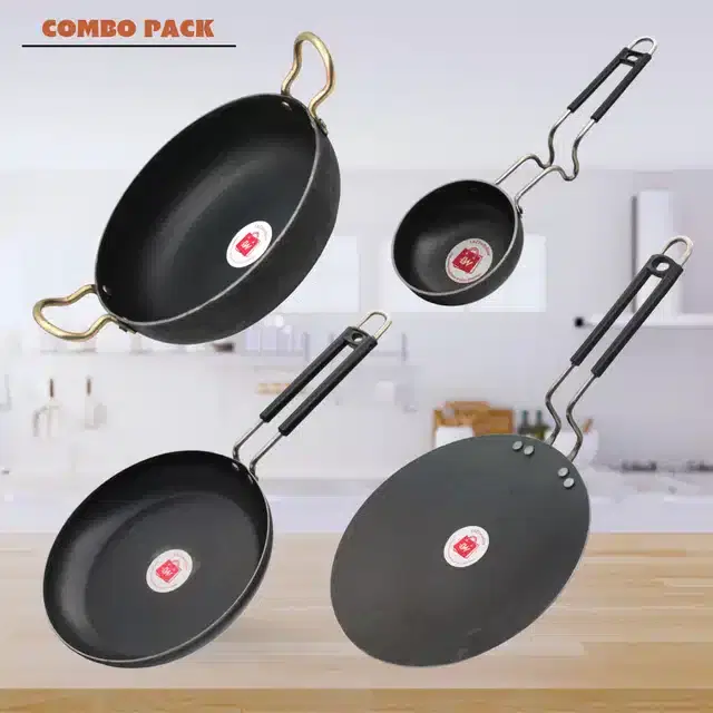 Frying Pan & Tawa Set, Pack of 4, Black, 1200 ml
