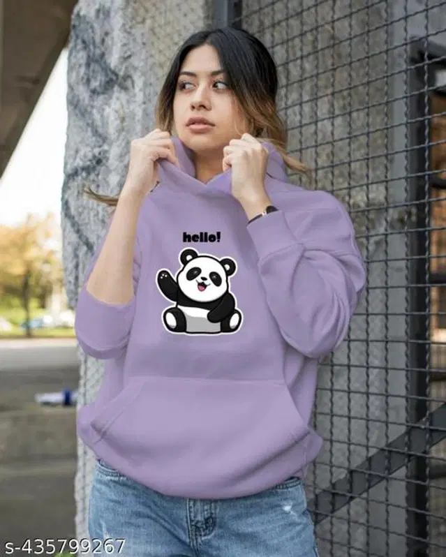 Fleece Printed Hoodie for Women (Lavender, S)