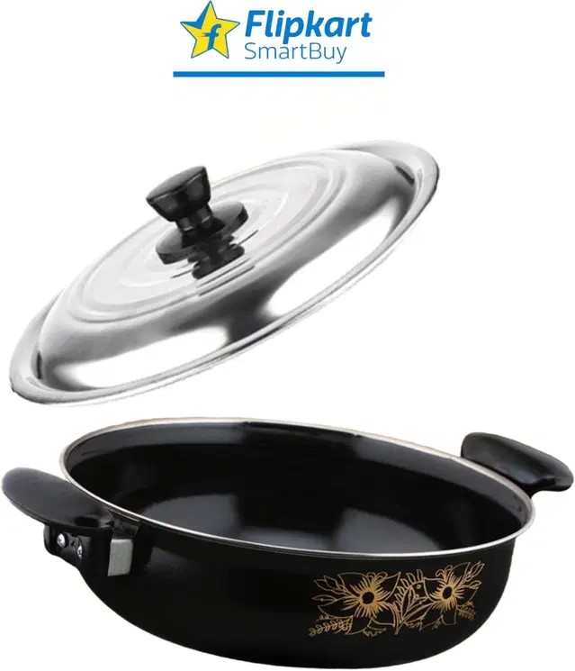 Cast Iron Kadai with Lid, Black & Silver, 16 cm