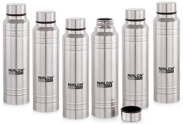 Nirlon Polo Sport Single Wall Stainless Steel Water Bottle, Set Of 6, 1000Ml|Silver|100% Leak Proof|Office Bottle|Gym Bottle |Hiking |Treking Bottle|Travel Bottle|Fridge Bottle