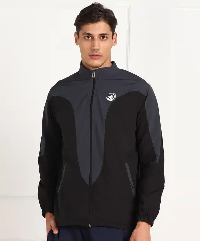 Full Sleeves Solid Sports Jacket for Men (Grey & Black, L)