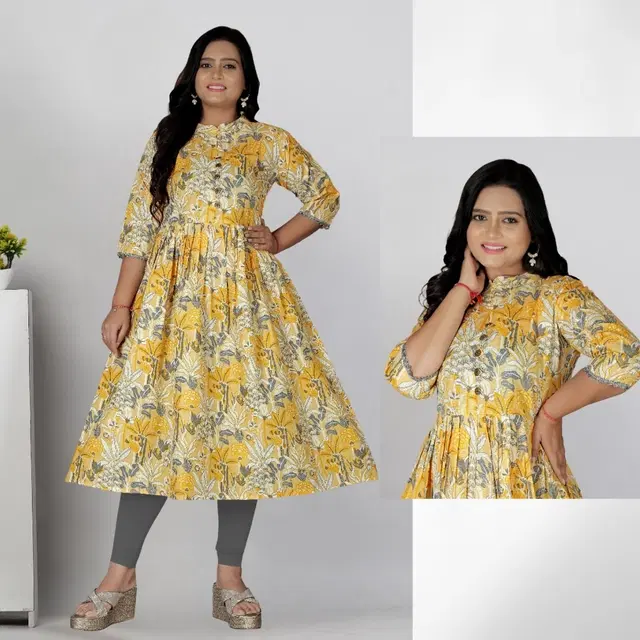 Cotton Silk Printed Kurti for Women, Yellow (3XL)
