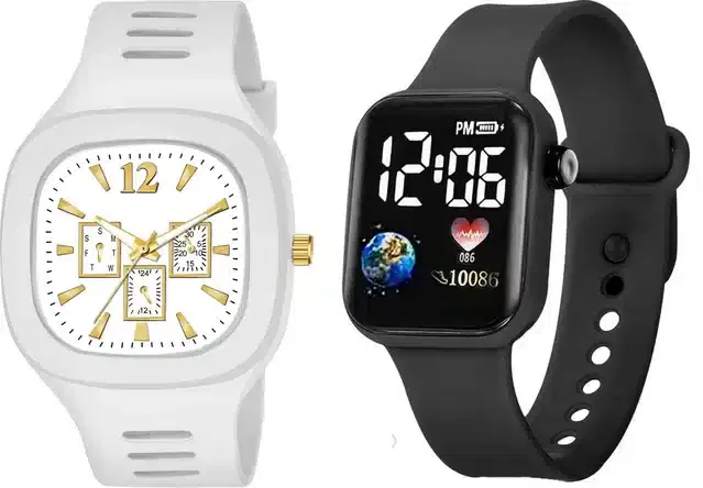 Analog with Smartwatch Combo for Men, Pack of 2 (White & Black)