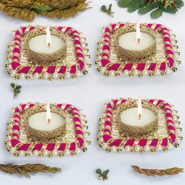 Metal Designer Tealight Candle Holder, Pink, 8x8x2 cm, Pack of 4