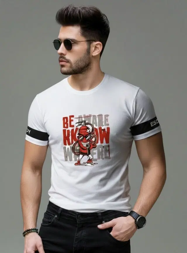 Polyester Printed T-shirt for Men, White (XL)