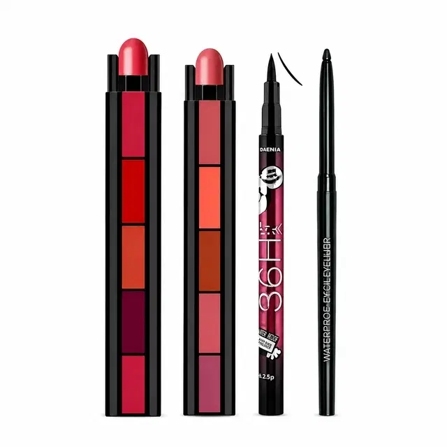 36H Eyeliner, Kajal, 2 Pcs 5 In 1 Lipstick, Multicolor, Set Of 3