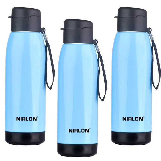 Nirlon Electro Pu Insulated Stainless Steel Inner Side Set Of 3, 750Ml, Break Proof, Leak Proof, Hot & Cold Water Bottle For Home| School | Office | Gym | Hiking | Travel Bottle (Blue)