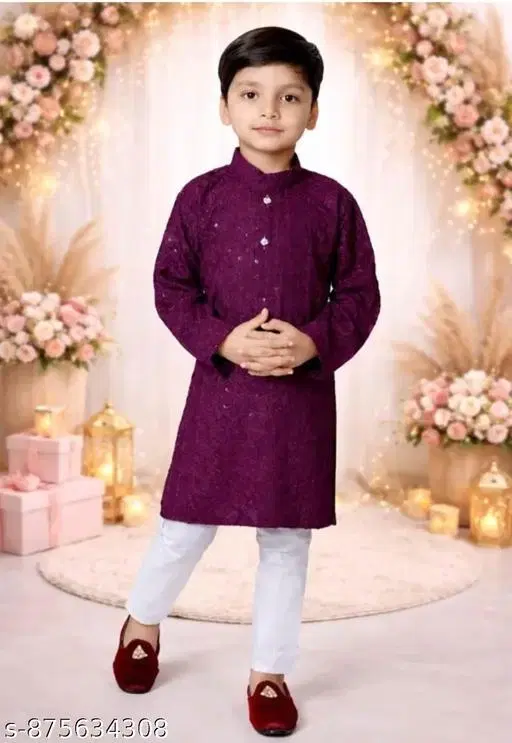 Chikankari Rayon Pyjama Set for Boys (Purple Top Bottom) (White, 0-6 Months)
