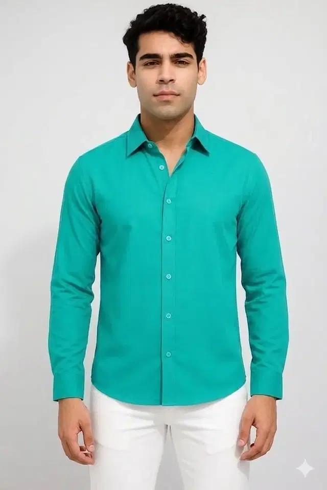 Solid Cotton Blend Shirts for Men (Green, L)