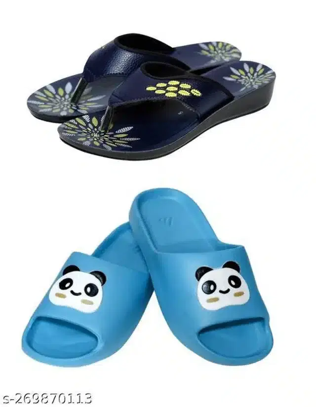 Sliders with Flats for Women, Set of 2 (Navy Blue & Sky Blue, 5)