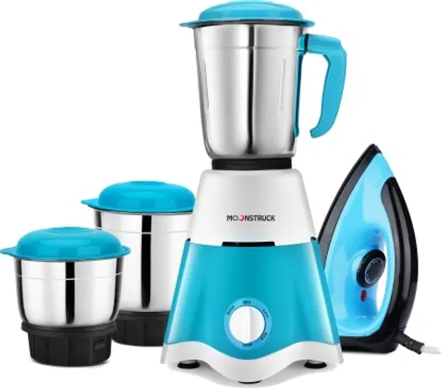 Moonstruck Combo Pack – 750W Juicer Mixer Grinder With Iron (3 Jars, Blue, Black)