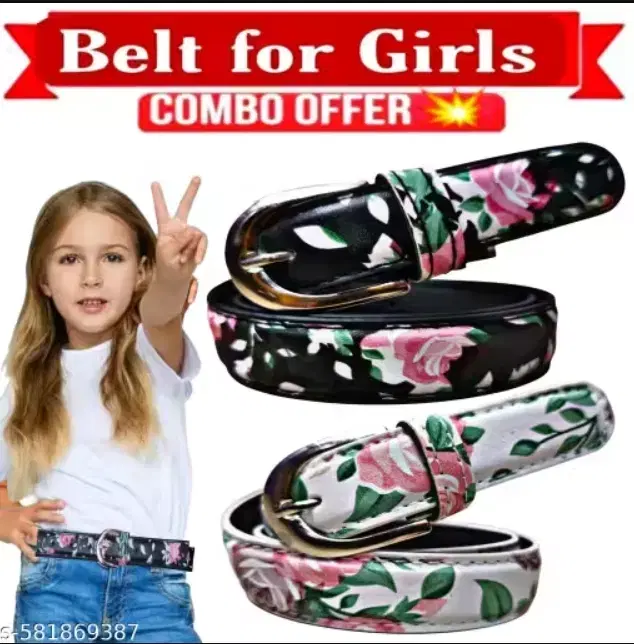 Floral Print Faux Leather Belts for Girls, Multicolour, Pack of 2