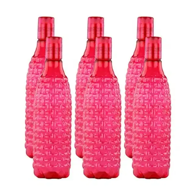 Airtight Plastic Water Bottle with Lid, Pink, 1000 ml, Pack of 6