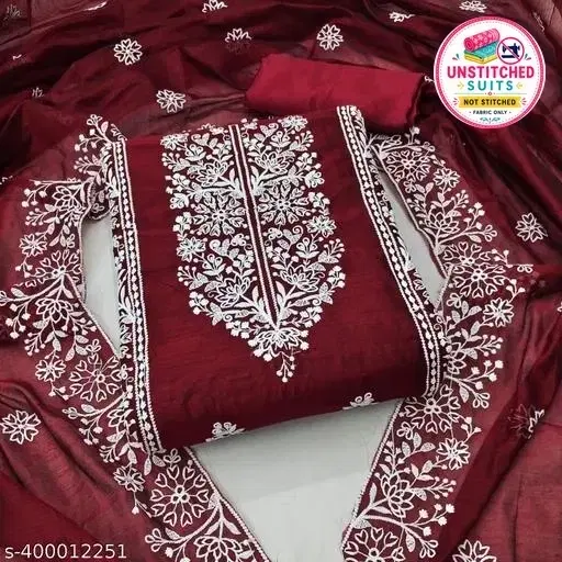 Chanderi Cotton Embroidered Punjabi Unstitched Suit for Women (Red)