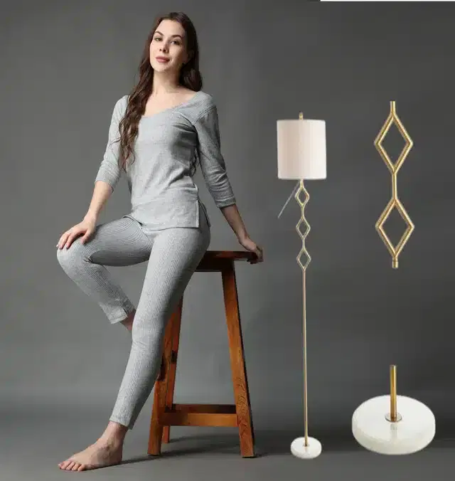 Polycotton Full Sleeves Thermal Set for Women (Light Grey, S)