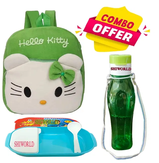Combo of Fabric School Bag, Water Bottle with Lunch Box for Kids, Multicolor, Set of 3