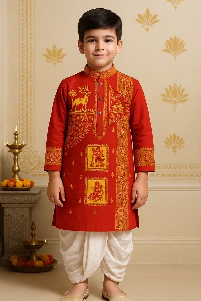 Cotton Printed Kurta with Dhoti for Boys, Red & White (0-6 Months)