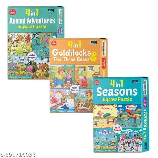 4 In 1 Animals Adventures + 4 In 1 Goldilocks & Three Bear + 4 In 1 Seasons | Engaging Puzzle Learning Fun for Kids (288 Pieces) | Set of 3