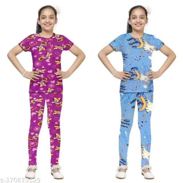 Polycotton Nightsuit for Girls, Pack of 2 (Purple & Sky Blue, 1-2 Years)