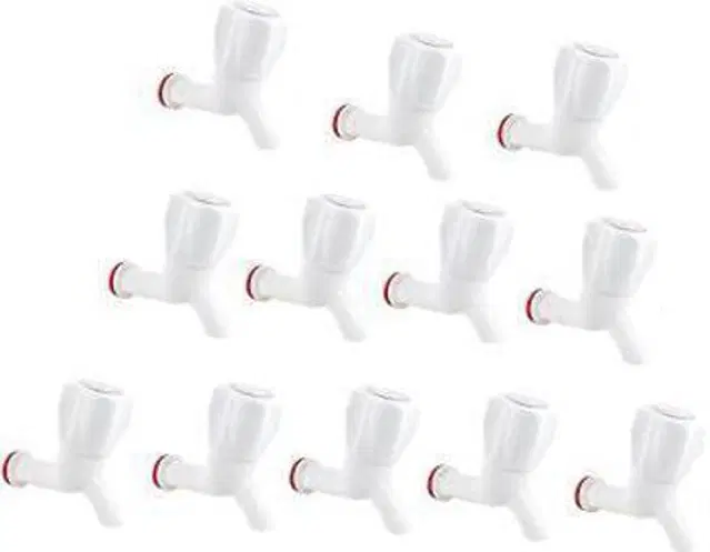 Plastic Long Body Bib Cock Tap with Wall Flange, White, Set of 12