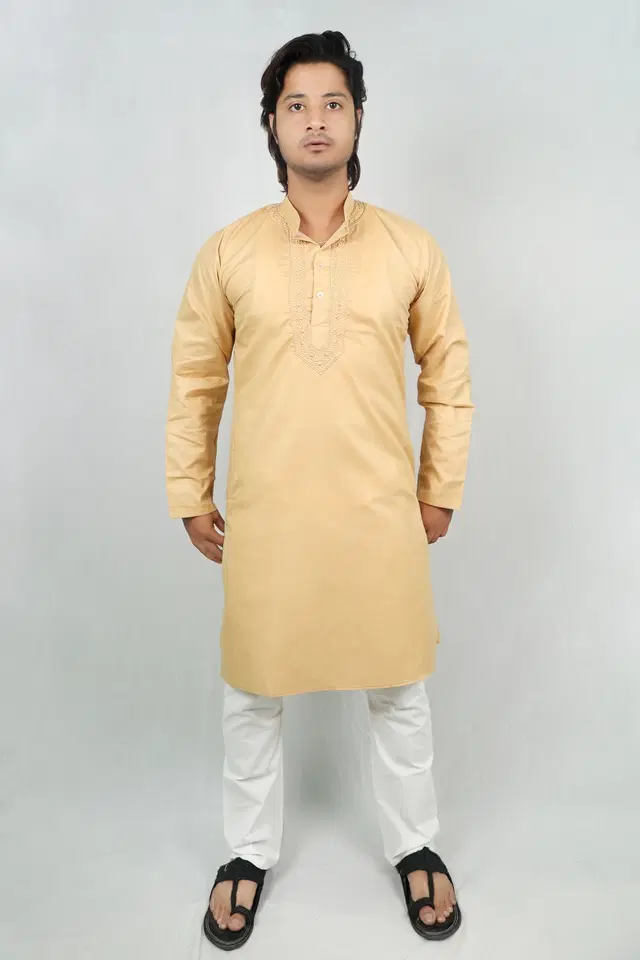 Cotton Solid Kurta with Pyjama for Men (Beige & White, M)
