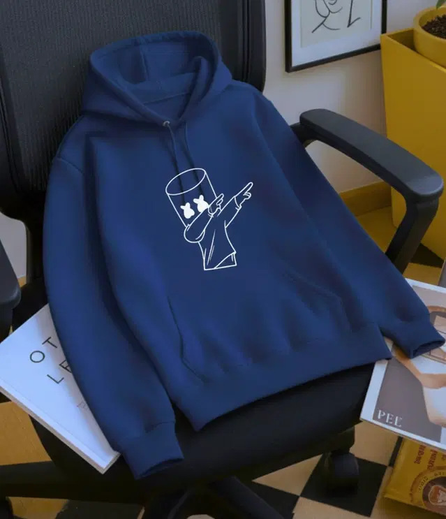 Fleece Printed Hoodie for Men, Blue (M)