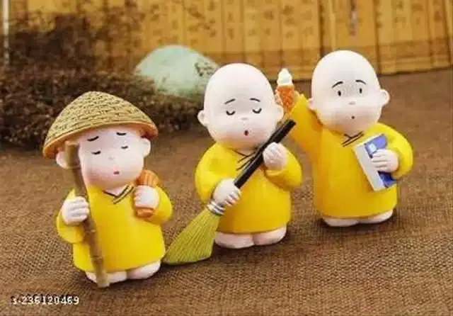 Resin Baby Monks Buddhist Car Dashboard Idol, Yellow & Cream, Pack of 3