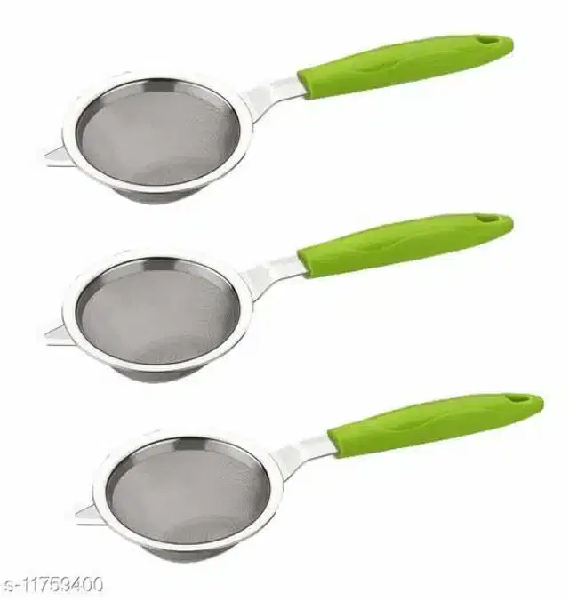 Stainless Steel Tea Strainer, Green, Pack of 3