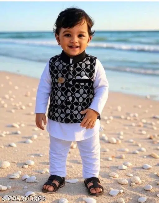 Geometric Cotton Kurta Set for Boys (White, 6-12 Months)