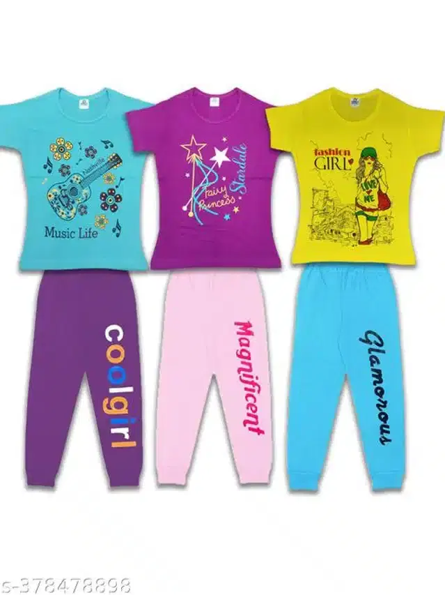 Cotton Nightsuit Set for Girls, Set of 3 (Multicolor, 5-6 Years)